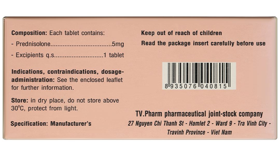 Prednisolone 5mg TV.Pharm chống viêm và ức chế miễn dịch