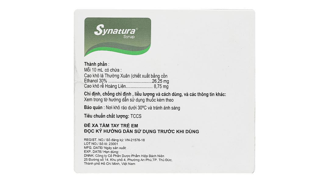 Siro Synatura điều trị nhiễm khuẩn đường hô hấp trên cấp tính