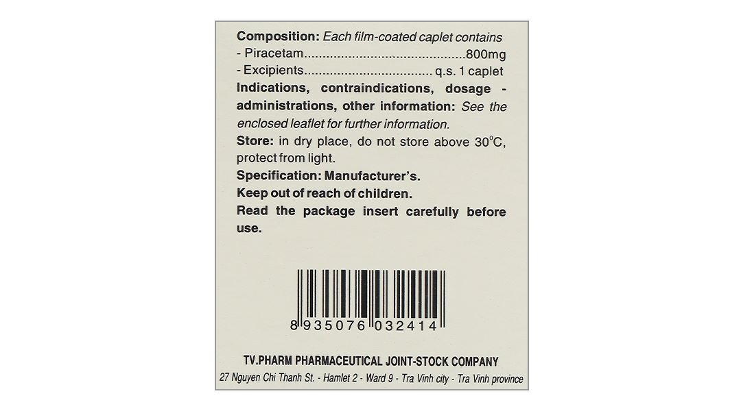 Piracetam TV.Pharm 800mg điều trị triệu chứng chóng mặt