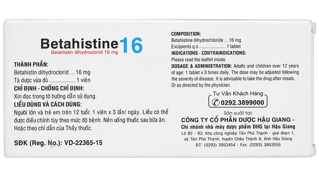 Betahistine 16 DHG điều trị chứng chóng mặt liên quan đến tiền đình