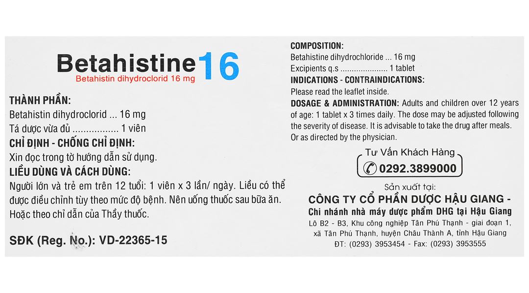 Betahistine 16 DHG điều trị chứng chóng mặt liên quan đến tiền đình
