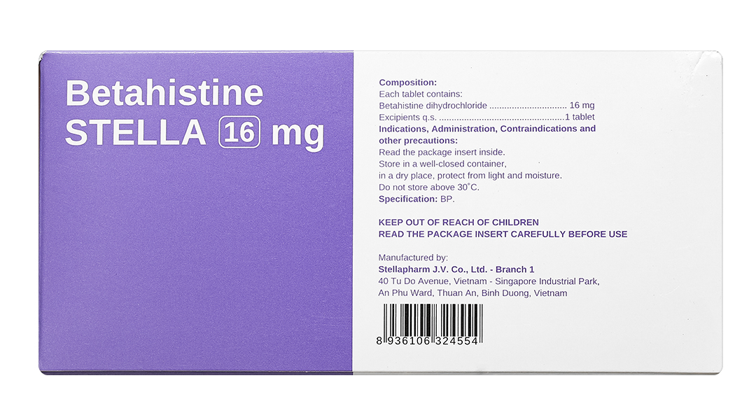 Betahistine Stella 16mg điều trị hội chứng Meniere, chóng mặt, ù tai