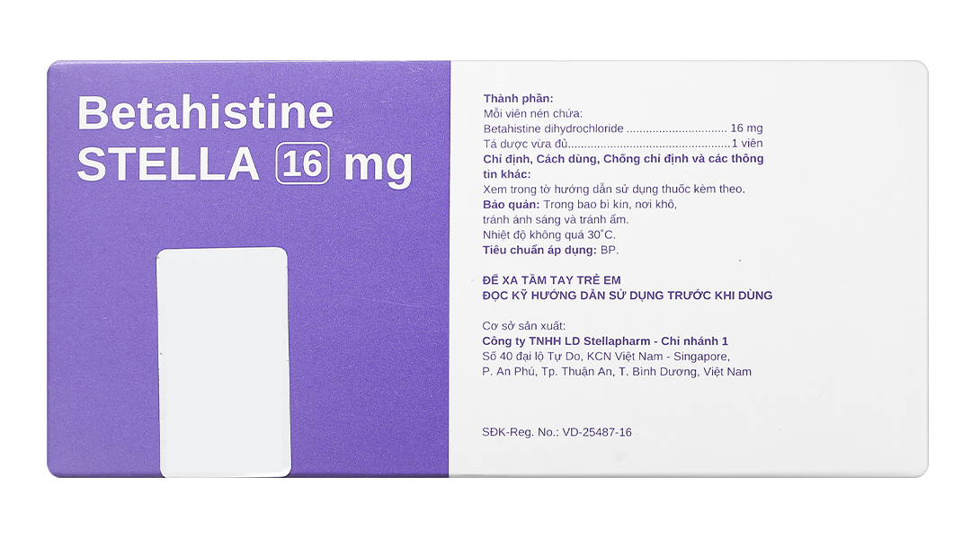 Betahistine Stella 16mg điều trị hội chứng Meniere, chóng mặt, ù tai