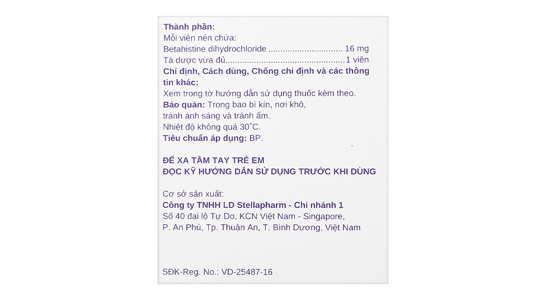 Betahistine Stella 16mg điều trị hội chứng Meniere, chóng mặt, ù tai