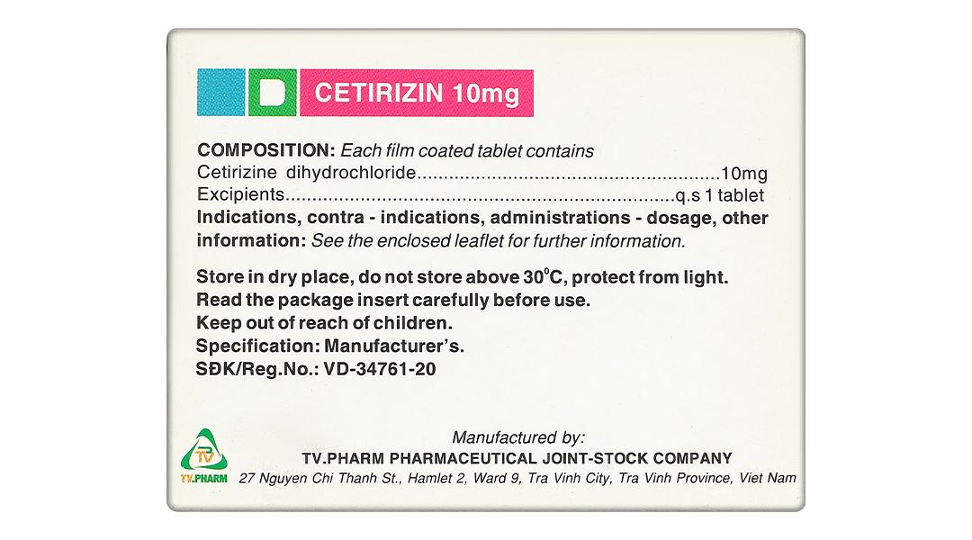 Cetirizin TV.Pharm 10mg điều trị viêm mũi dị ứng, mày đay