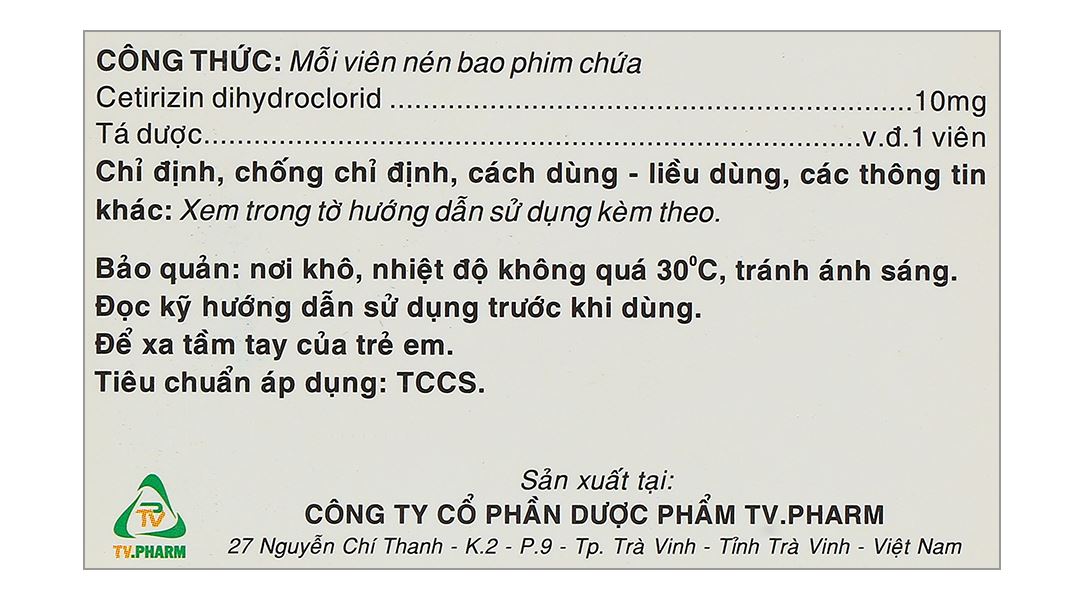 Cetirizin TV.Pharm 10mg điều trị viêm mũi dị ứng, mày đay