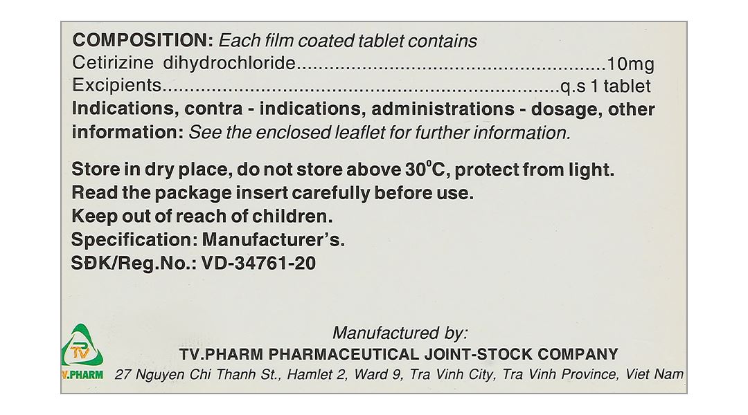 Cetirizin TV.Pharm 10mg điều trị viêm mũi dị ứng, mày đay