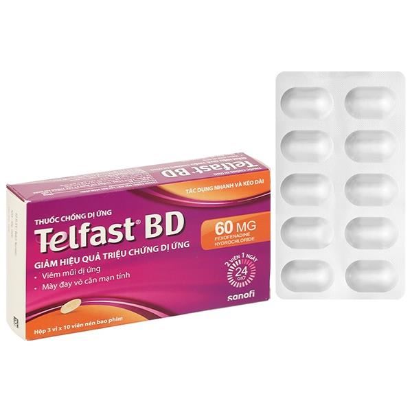 Telfast BD 60mg trị viêm mũi dị ứng, mày đay vô căn mạn tính