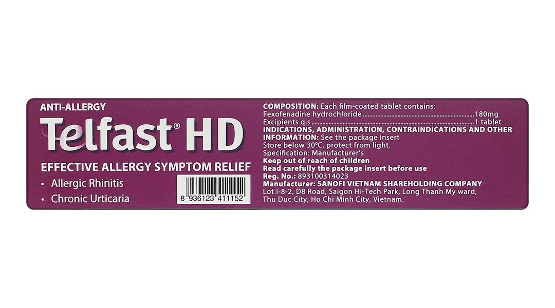 Telfast HD 180mg trị viêm mũi dị ứng, mề đay vô căn mạn tính