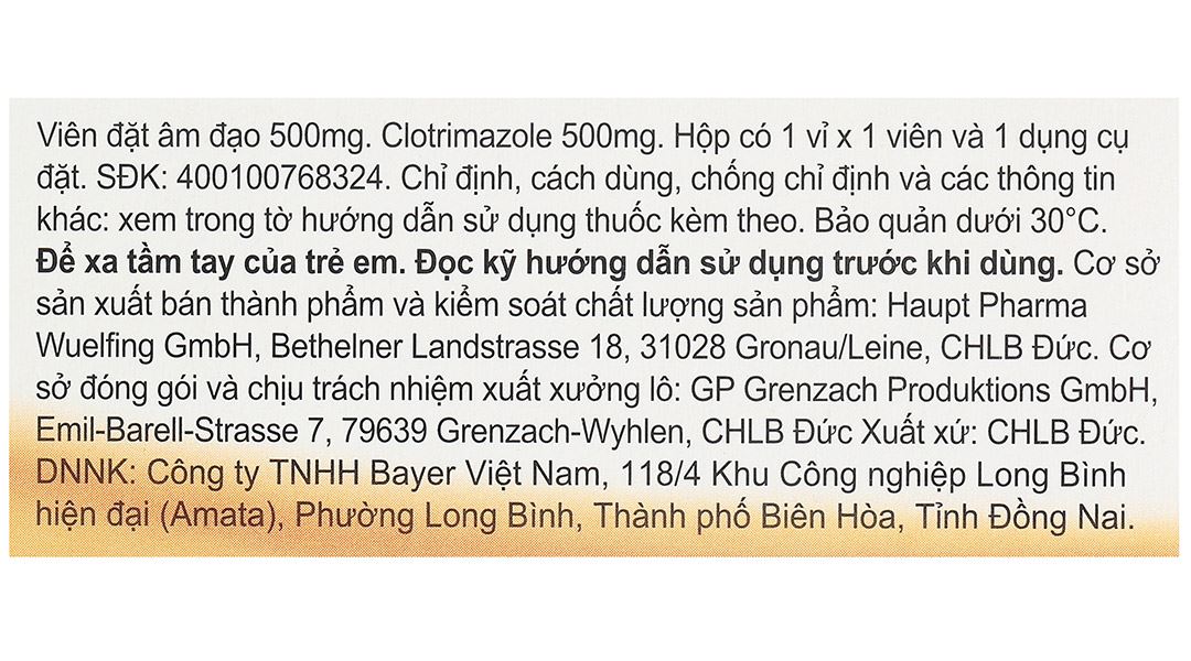 Viên đặt âm đạo Canesten 1-Day 500mg hỗ trợ điều trị viêm âm đạo