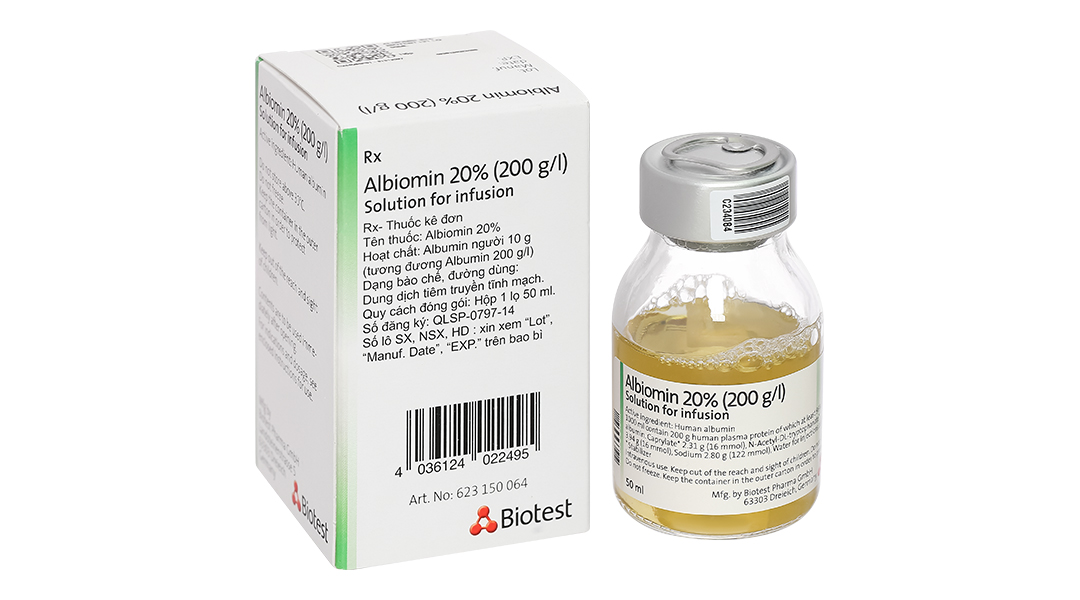 Dịch truyền tĩnh mạch Albiomin 20% Biotest trị sốc giảm thể tích máu