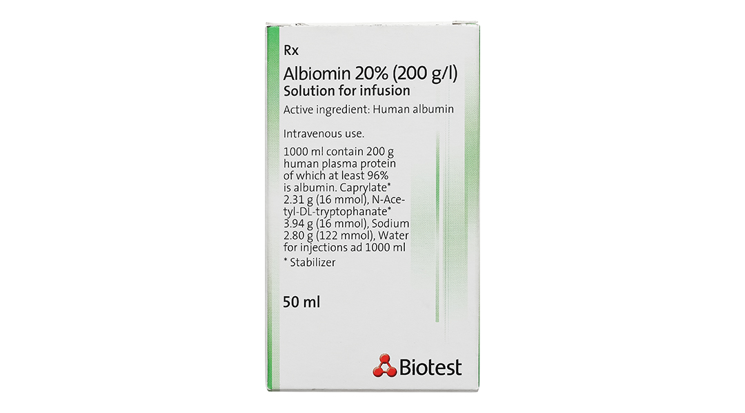 Dịch truyền tĩnh mạch Albiomin 20% Biotest trị sốc giảm thể tích máu