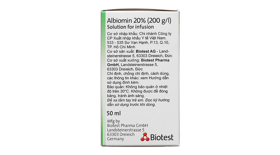 Dịch truyền tĩnh mạch Albiomin 20% Biotest trị sốc giảm thể tích máu