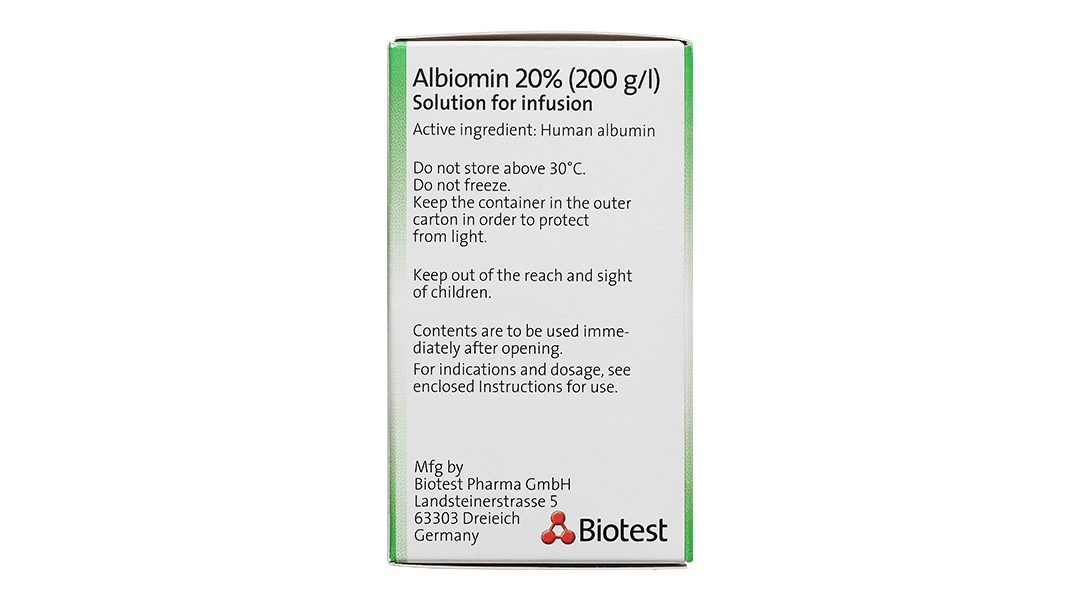 Dịch truyền tĩnh mạch Albiomin 20% Biotest trị sốc giảm thể tích máu