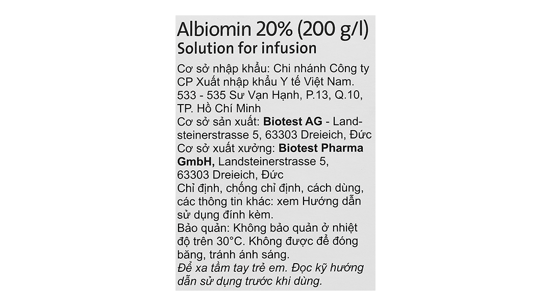 Dịch truyền tĩnh mạch Albiomin 20% Biotest trị sốc giảm thể tích máu