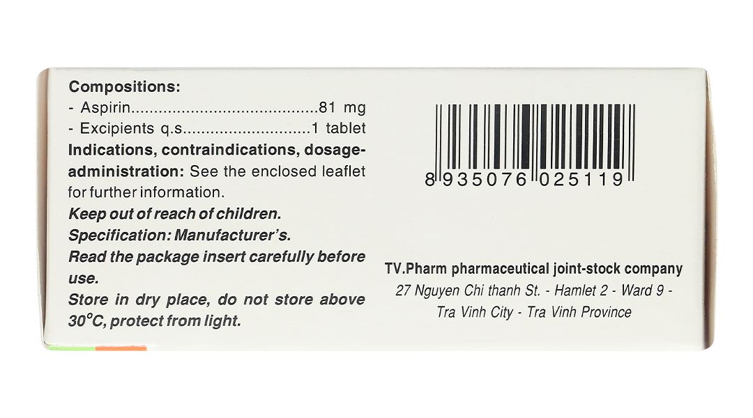 Aspirin TV.Pharm 81mg dự phòng nhồi máu cơ tim, đột quỵ
