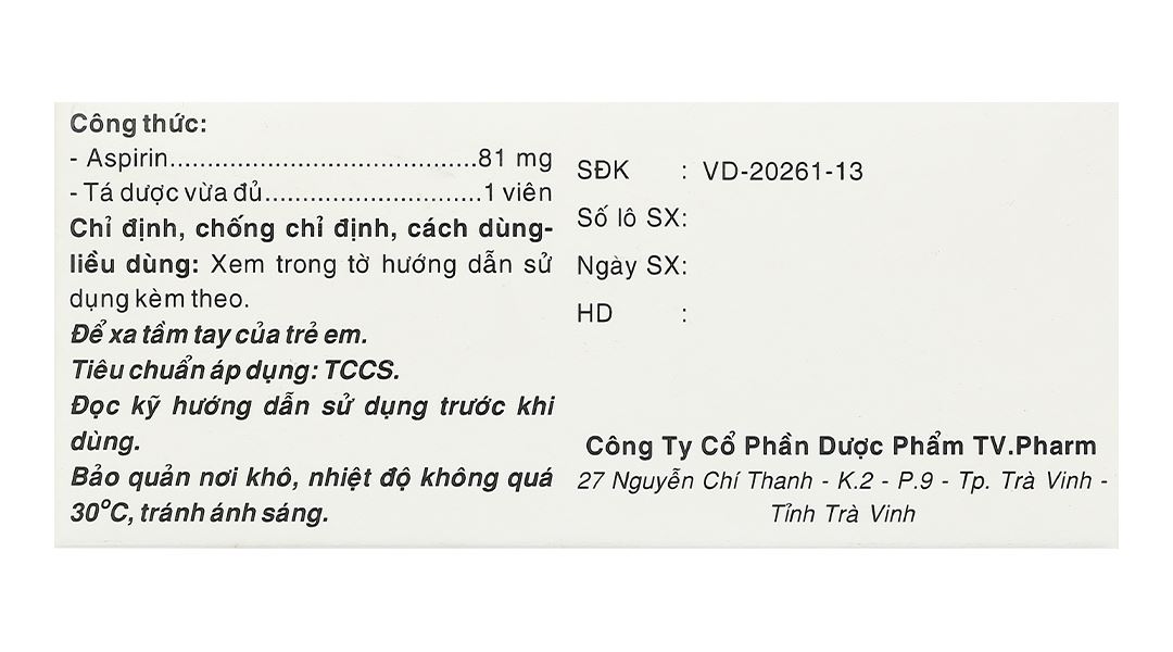 Aspirin TV.Pharm 81mg dự phòng nhồi máu cơ tim, đột quỵ