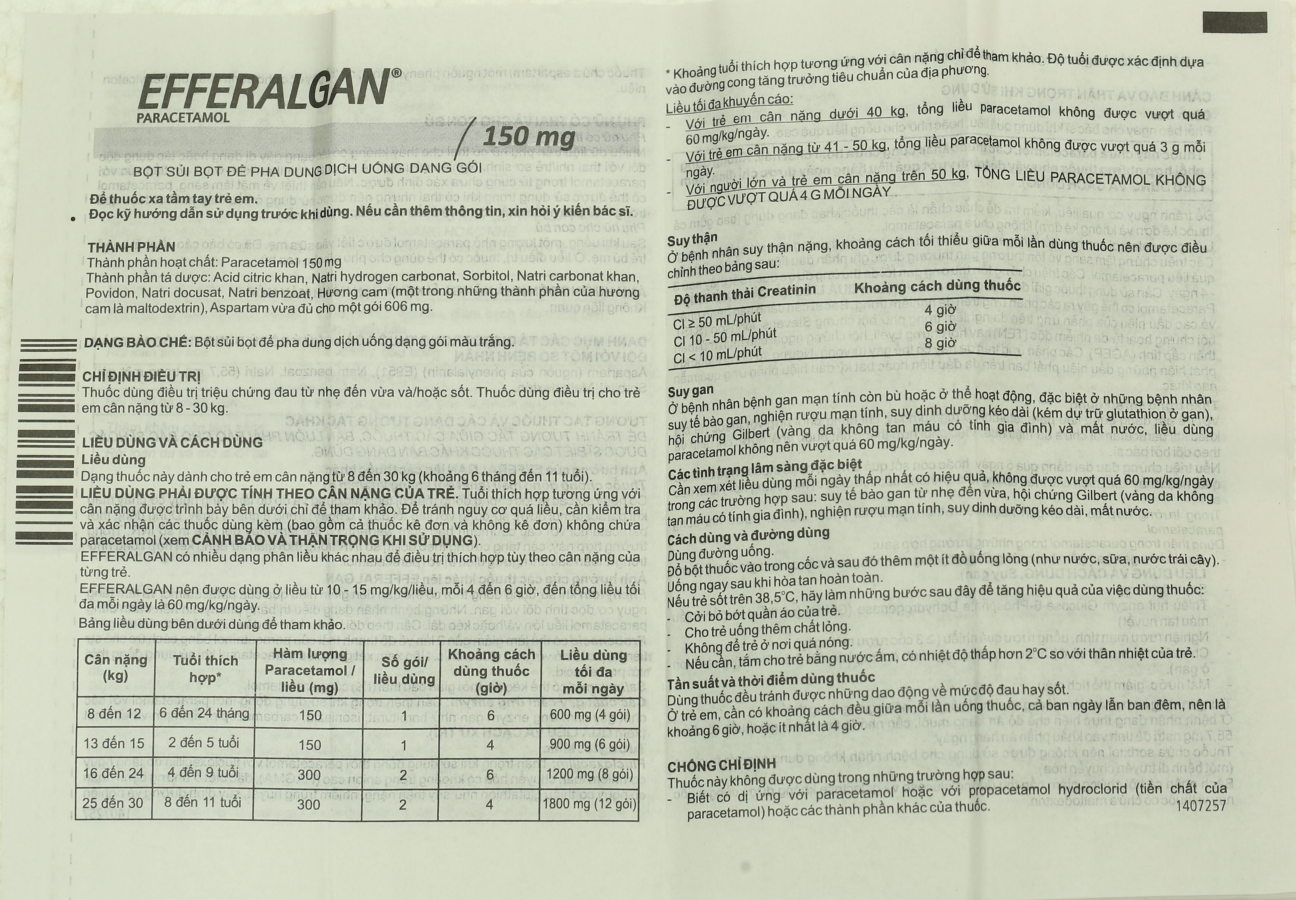 Bột sủi Efferalgan 150mg giảm đau từ nhẹ đến vừa, hạ sốt (12 gói x 0.606g) - 12