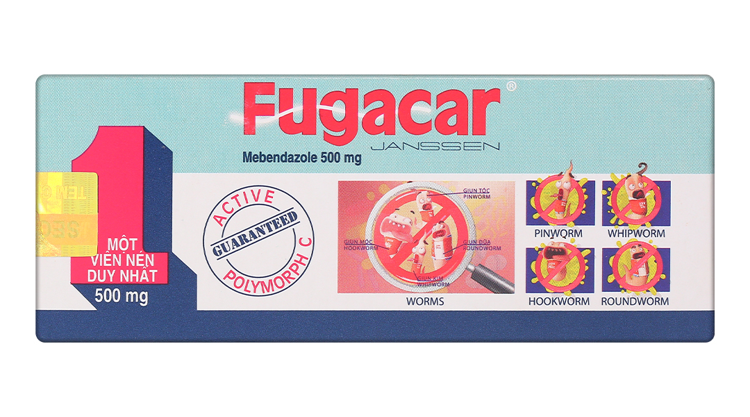 Viên nhai Fugacar 500mg trị nhiều loại giun đường ruột