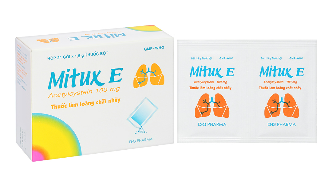Thuốc bột Mitux E 100mg làm tiêu nhầy, loãng đờm