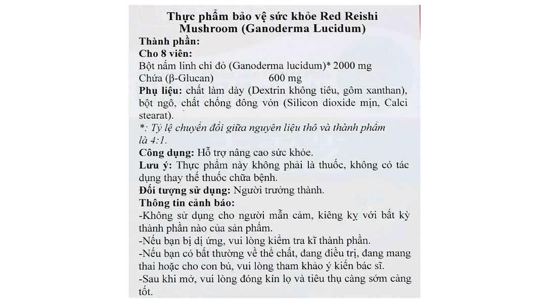 Thực phẩm bảo vệ sức khoẻ Red Reishi Mushroom (Ganoderma Lucidum)