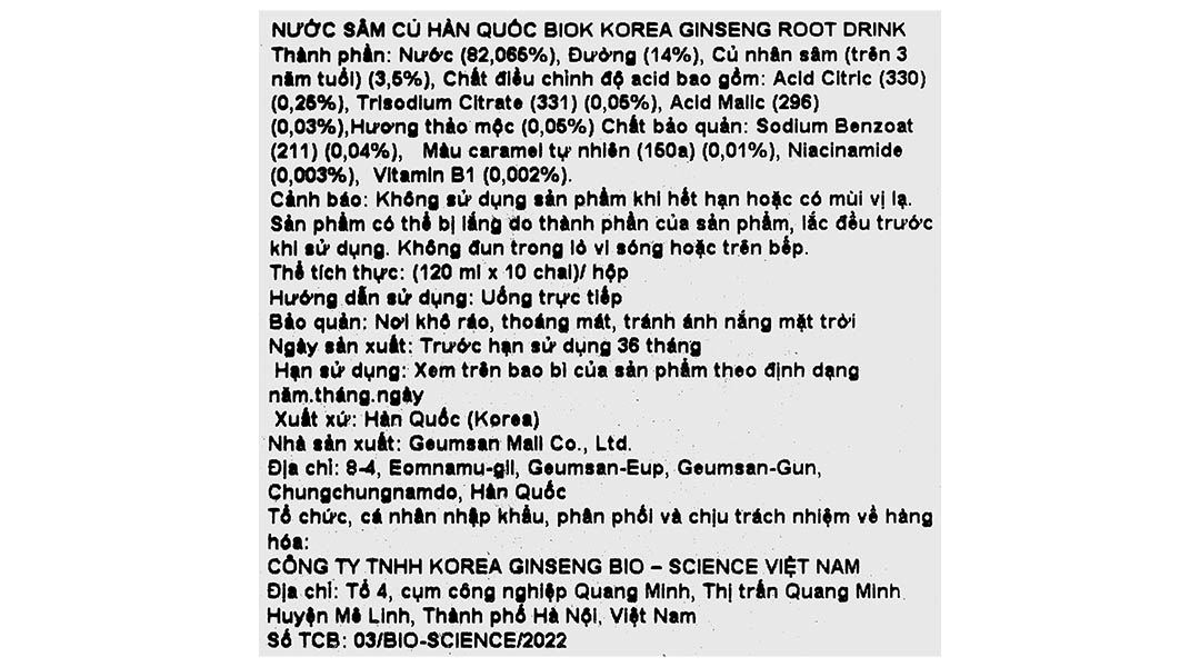Nước sâm củ Hàn Quốc Achimmadang BIOK Korea Ginseng Root Drink