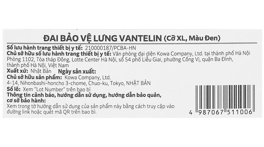 Đai lưng - cột sống Vantelin Back Support size XL