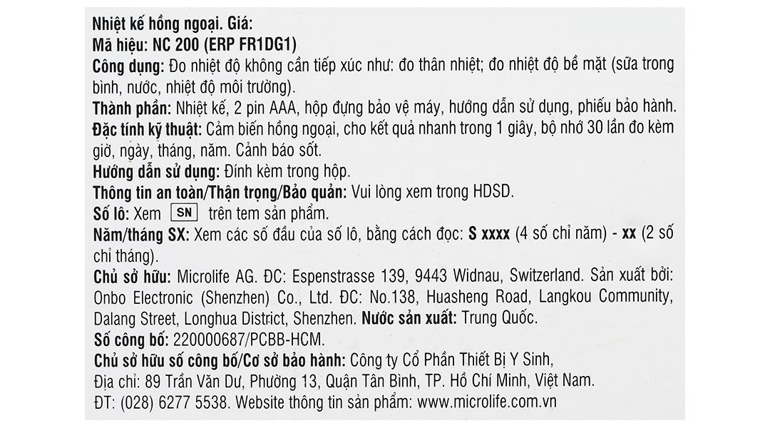 Nhiệt kế hồng ngoại đo trán Microlife NC200