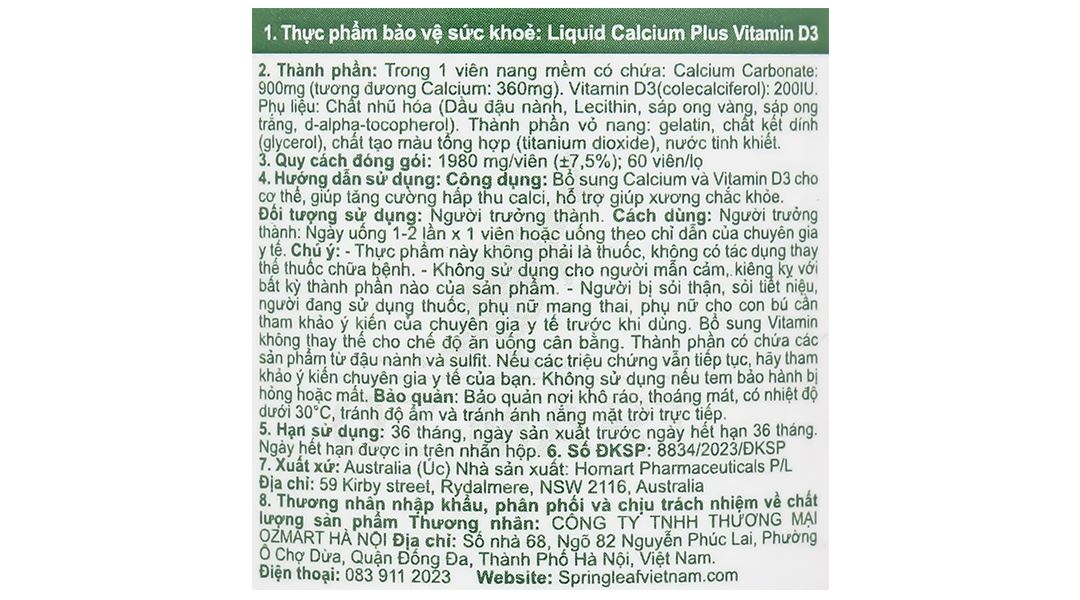 Viên Uống Bổ Sung Canxi Spring Leaf Liquid Calcium Plus Vitamin D3 lọ 60 viên