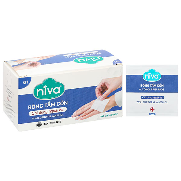 Bông y tế tẩm cồn Niva G1 (62mm x 30mm) hộp 100 miếng