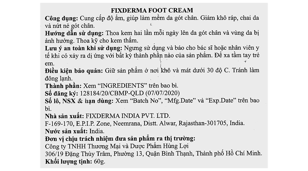 Kem dưỡng Fixderma Foot cấp ẩm làm mềm da gót chân