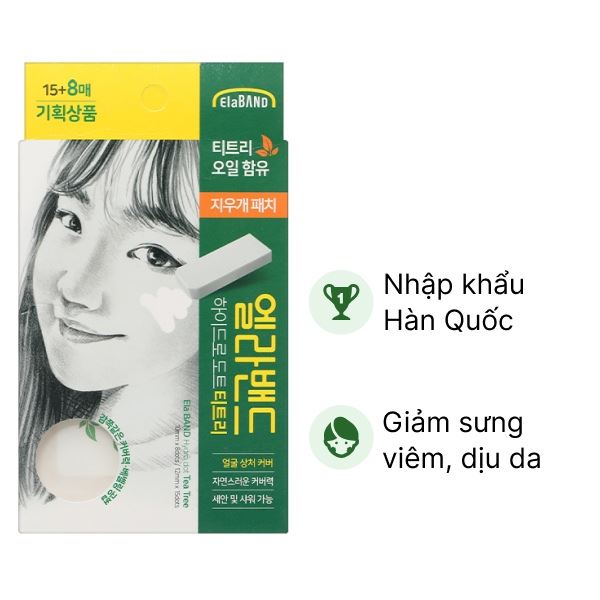 Miếng dán mụn Elaband HydroDot TeaTree giúp giảm sưng viêm, dịu vết thương hộp 23 miếng