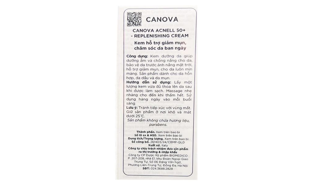 Kem Canova Acnell 50+ - Replenishing Cream hỗ trợ giảm mụn ban ngày