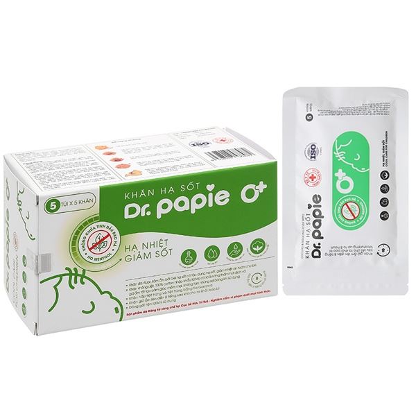 Khăn hạ sốt Dr.Papie 0  giúp hạ nhiệt, giảm sốt cho bé (5 gói x 5 miếng)
