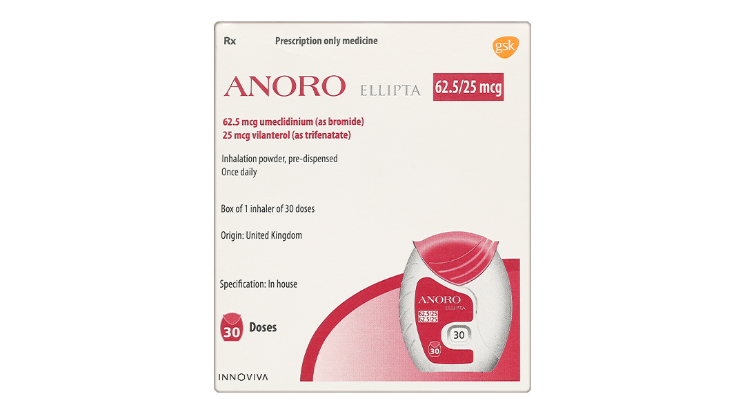 Bột hít Anoro Ellipta 62,5/25mcg giảm triệu chứng tắc nghẽn đường hô hấp