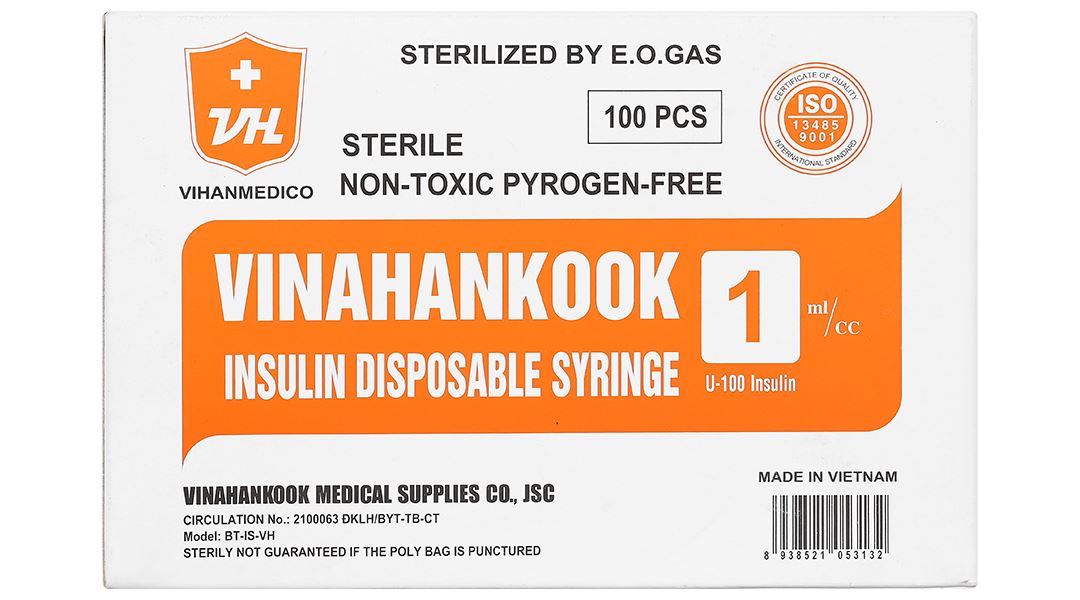 Bơm tiêm Insulin sử dụng một lần Vinahankook 1ml/cc 30G x 1/2’’