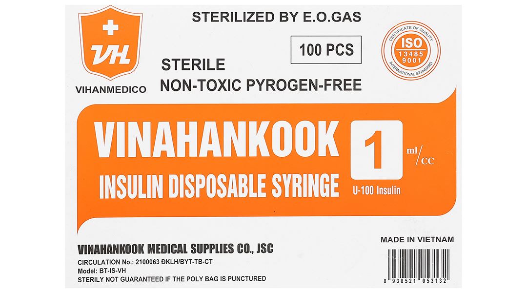 Bơm tiêm Insulin sử dụng một lần Vinahankook 1ml/cc 30G x 1/2’’