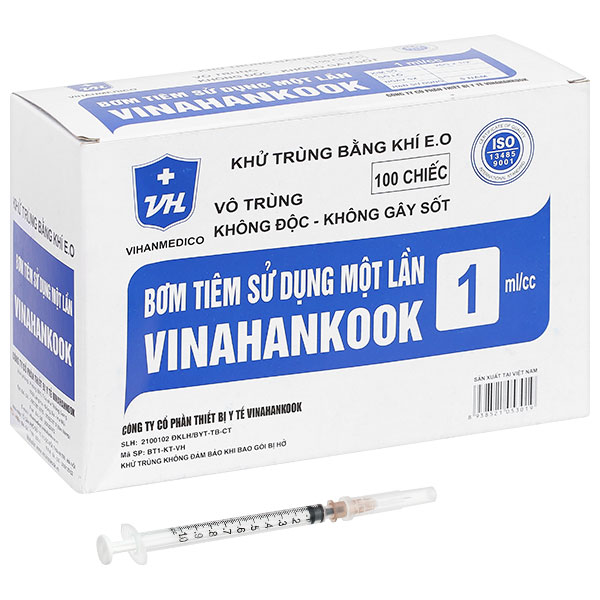 Bơm tiêm sử dụng một lần Vinahankook 1ml/cc 26G x 1/2’’ hộp 100 cái