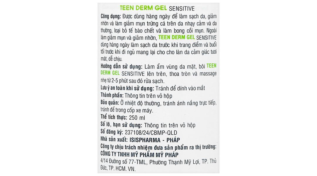 Gel rửa mặt Isis Pharma Teenderm Gel Sensitive giảm nhờn, ngừa mụn