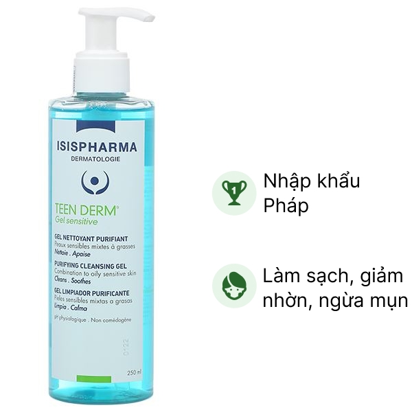 Gel rửa mặt Isis Pharma Teenderm Gel Sensitive giảm nhờn, ngừa mụn chai 250ml