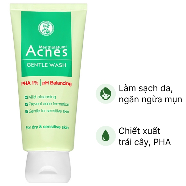 Gel rửa mặt Acnes Gentle Wash ngừa mụn cho da khô và da nhạy cảm tuýp 100g