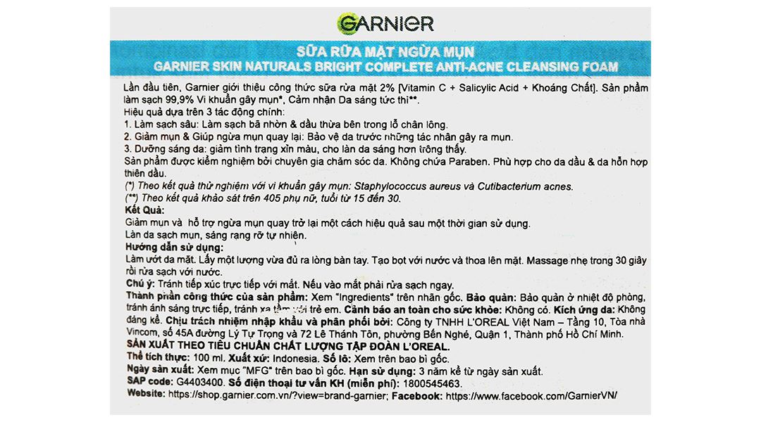 Sữa rửa mặt Garnier Skin Naturals Bright Complete Anti-Acne ngừa mụn