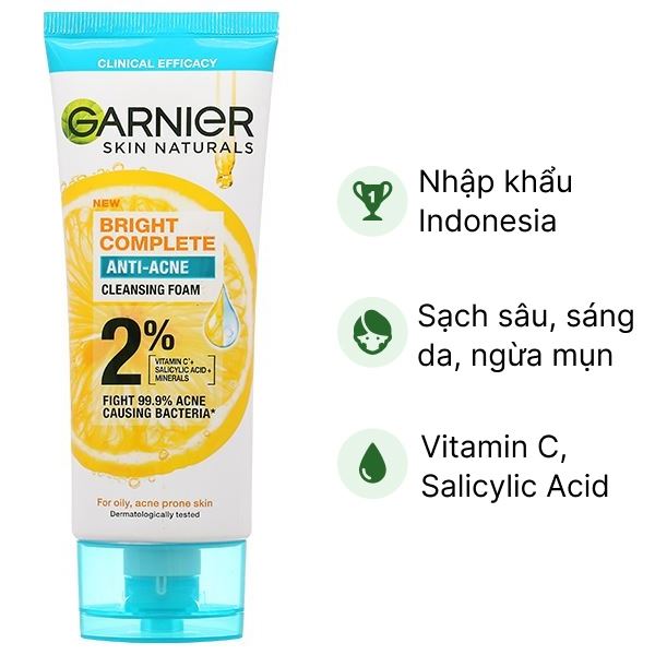 Sữa rửa mặt Garnier Skin Naturals Bright Complete Anti-Acne ngừa mụn tuýp 100ml