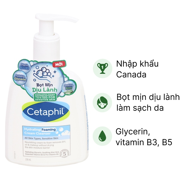 Sữa rửa mặt Cetaphil Hydrating Foaming Cream Cleanser tạo bọt mịn chai 236ml