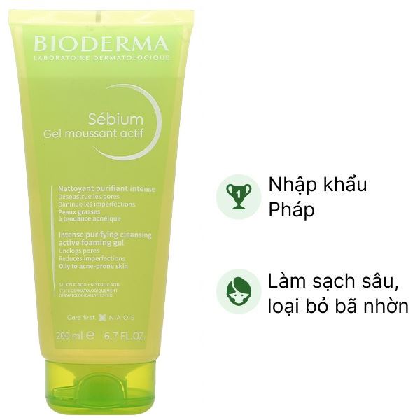 Gel rửa mặt Bioderma Sébium Gel Moussant Actif cho da hỗn hợp và da dầu tuýp 200ml