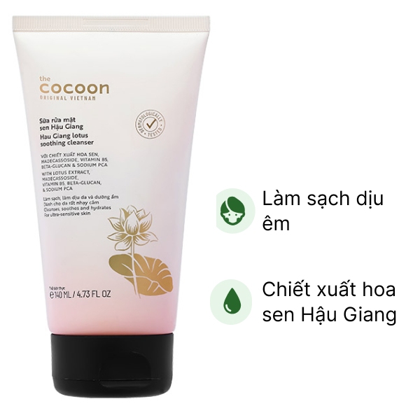 Sữa rửa mặt Cocoon Sen Hậu Giang làm sạch dịu êm cho da nhạy cảm tuýp 140ml