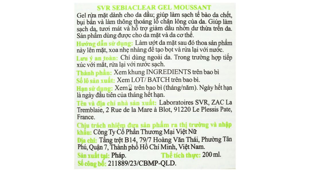 Gel rửa mặt SVR Sebiaclear Gel Moussant làm sạch da, giảm dầu nhờn