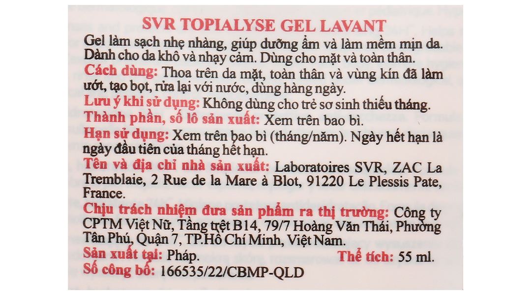 Gel rửa mặt SVR Topialyse Gel Lavant làm sạch, dưỡng ẩm