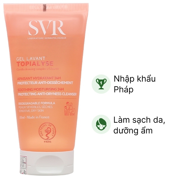 Gel rửa mặt SVR Topialyse Gel Lavant làm sạch, dưỡng ẩm cho da khô, da nhạy cảm tuýp 55ml