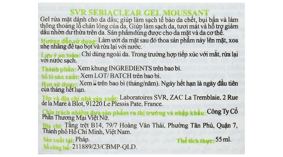 Gel rửa mặt SVR Sebiaclear Gel Moussant làm sạch da, giảm dầu nhờn
